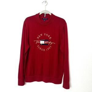 [Tommy Hilfiger] Red Logo Embroidered Crew Neck Long Sleeve Sweater NWT Sz Large